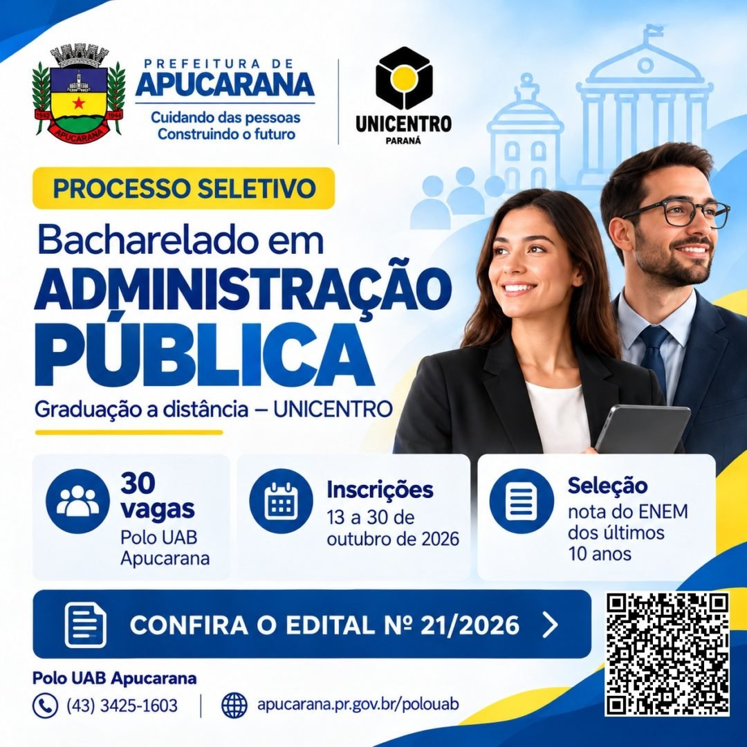Graduação gratuita em Administração Pública abre inscrições com 30 vagas para Apucarana
